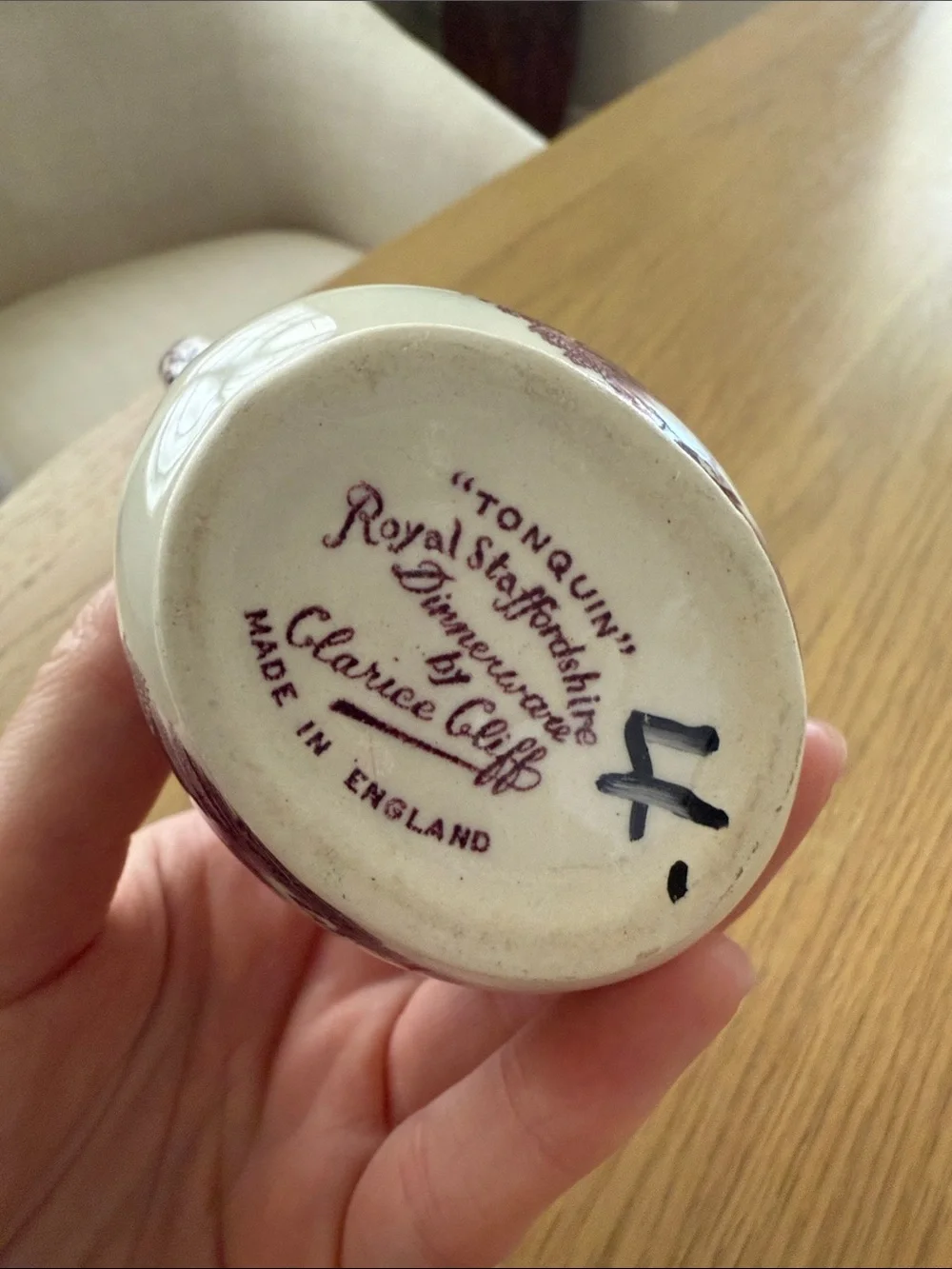 Classic White Ceramic Creamer with Plum Transferware Design